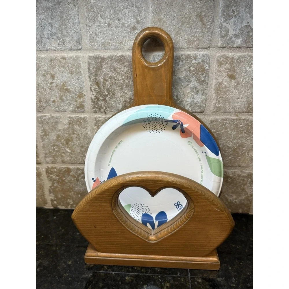 Vintage Wood Paper Plate Napkin Holder Heart Cut Out Hanging or Countertop